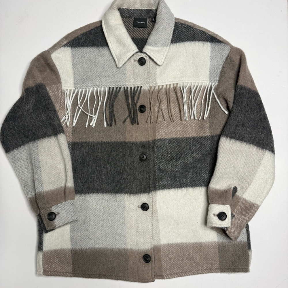 Vero Moda Fringe Striped Plaid Shacket Overcoat Oversized - Picture 4 of 6